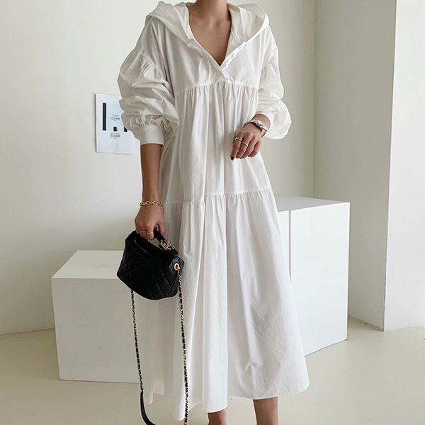 

minimalism lantern sleeve korean dresses female spring autumn chic hooded collar casual ladies runway dress 210510, Black;gray