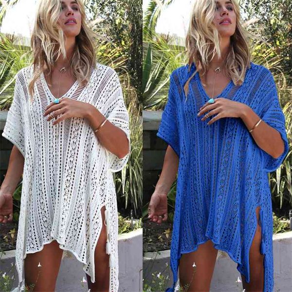 

hollow out crochet dress side tassel split loose brazillian beachwear summer casual see through bikini cover-up beach skirt 210604, Black;gray