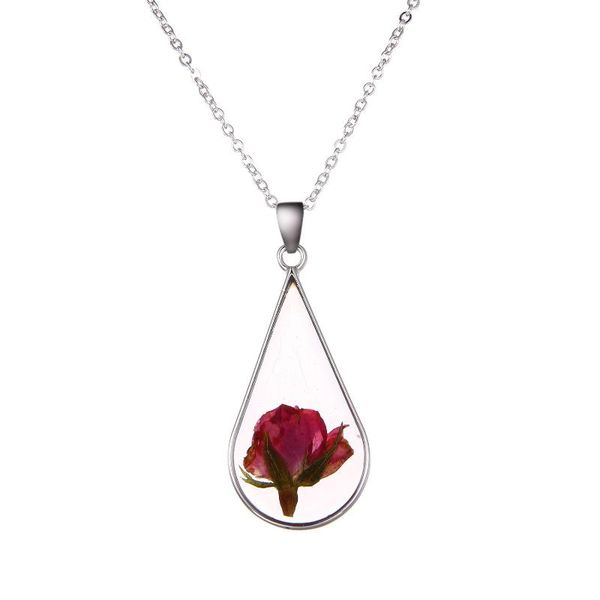 

pendant necklaces water drop rose necklace natural dried flower handmade resin epoxy jewelry, Silver