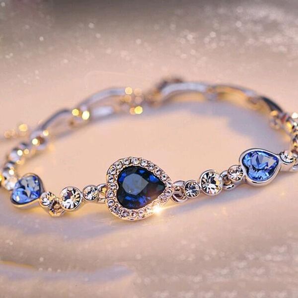 

famshin est womens ladies crystal rhinestone bangle ocean blue bracelet chain heart jewelry party gifts, Golden;silver