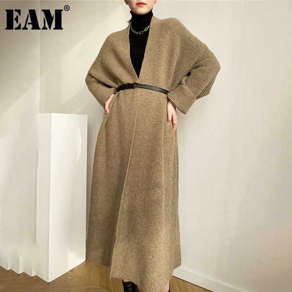 [Eam] Khaki tamanho grande longa tricô cardigan camisola solta encaixe em v-pescoço manga mulheres moda outono inverno 1dd1862 210922