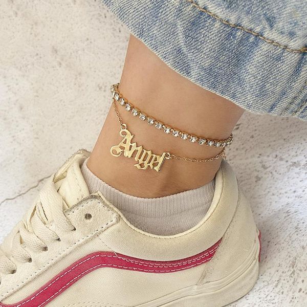 

anklets trendy two-layer crystal for women gold silver color angel letter chain ankle bracelet simple design jewelry beach, Red;blue