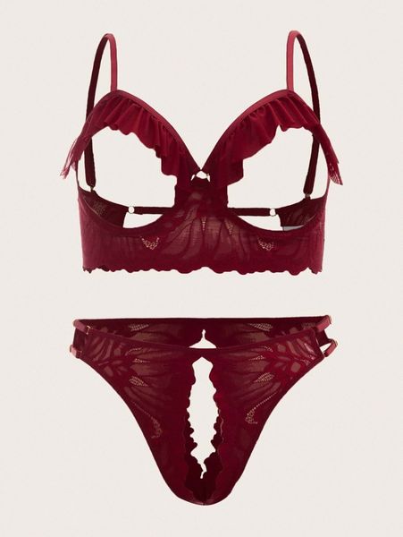 

plus cut-out lace underwire lingerie set 38y1#, Black;white