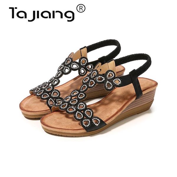 

ta jiang bohemian style rhinestone hollow wedge ladies sandals retro roman shoes summer female gladiator t730-6, Black
