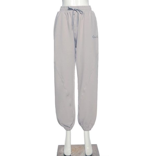 

women's pants & capris trousers women 2021 autumn and winter solid color letters embroidered high-waist lace-up loose-fitting casual t1, Black;white