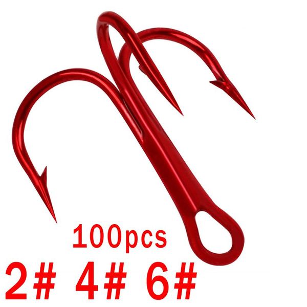 

red treble hook fishing supplies barbed anchor luya gear tackle 100 pcs/bag hooks