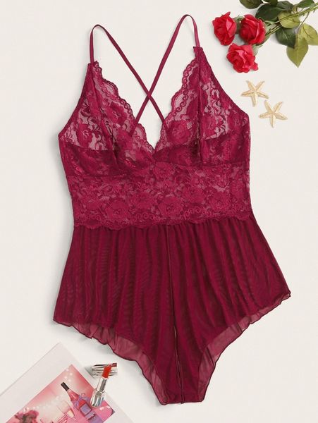 

plus crotchless contrast mesh lace teddy bodysuit d8pl#, Black;white