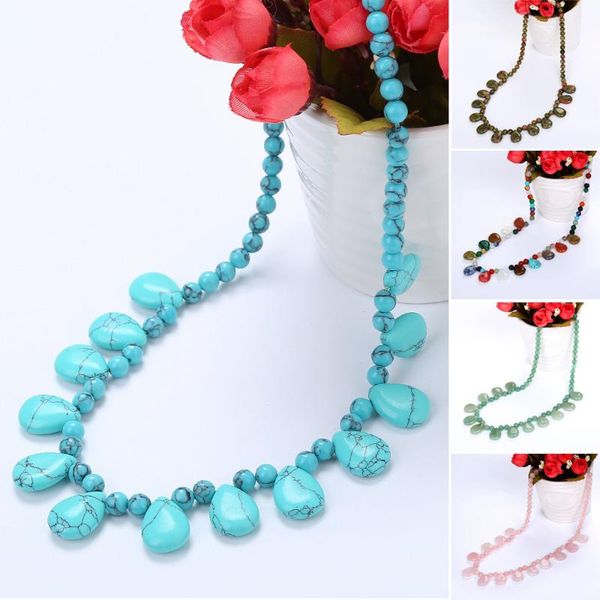 

retro pendant stone bead necklace long sweater chain natural malachite unakite for women jewelry gift chokers, Golden;silver