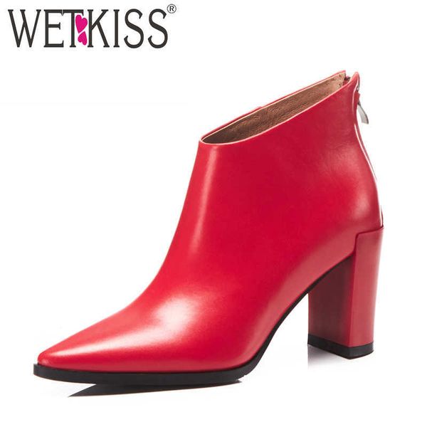 

wetkiss winter high heels women ankle boots pointed toe footwear genuine leather female boot zip shoes women black red 210630