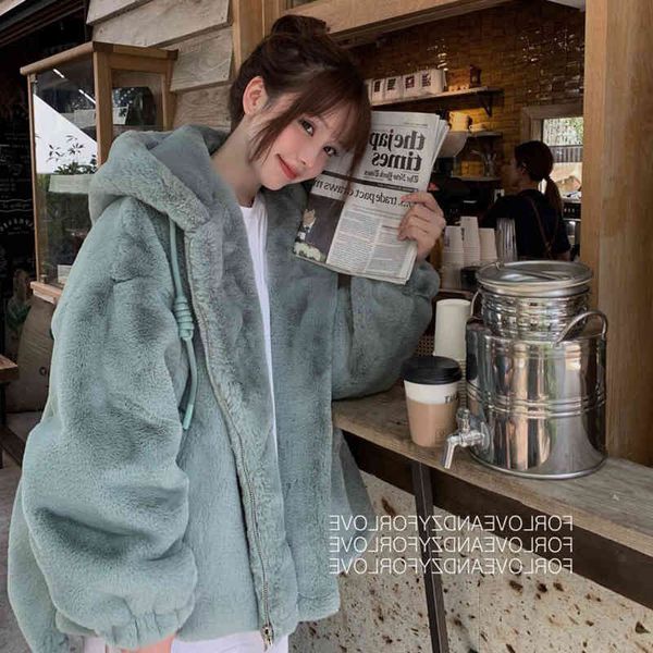 

women's fur & faux casual mink coat, short loose with zipper, thick, large size, warm, fuzzy jacket, high-fashion urban, fake fur coat, Black