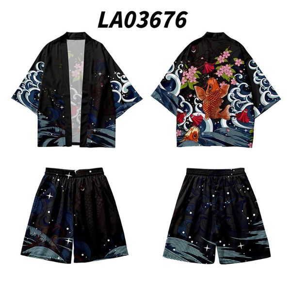 

ethnic clothing men kimono carp and floral print cardigan japanese traditional casual coat shorts set asian clothes harajuku, Red