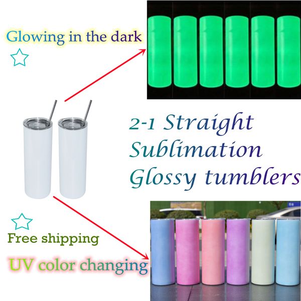 

us warehouse 20oz straight sublimation tumblers uv color changing & dark glowing with clear straws stainless steel double wall vacuum insula