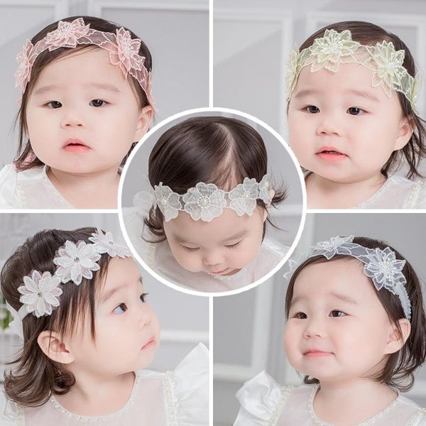 

10pcs/lot girl wreath lace pearl headband kids net gauze flower european and american children hair accessories, Slivery;white