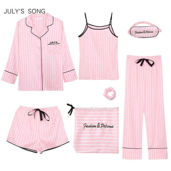 July's Song Pink 7 pezzi da donna emulazione pigiama a righe in seta set da notte per donna primavera estate autunno homewear Q190513