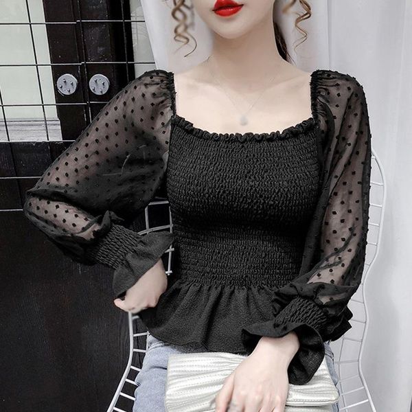 

women's blouses & shirts korean style square neck puff sleeve slim solid long chiffon blouse women shirt, White