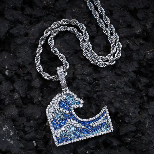 

pendant necklaces style micro-inlaid zircon kanagawa surfing colorful wave high-end hip-hop jewelry, Silver