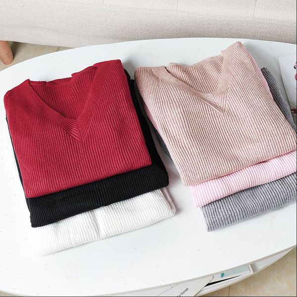 

womens sweaters autumn winter sweater women chic v neck slim female knitted pullovers long sleeve warm basic black, White;black