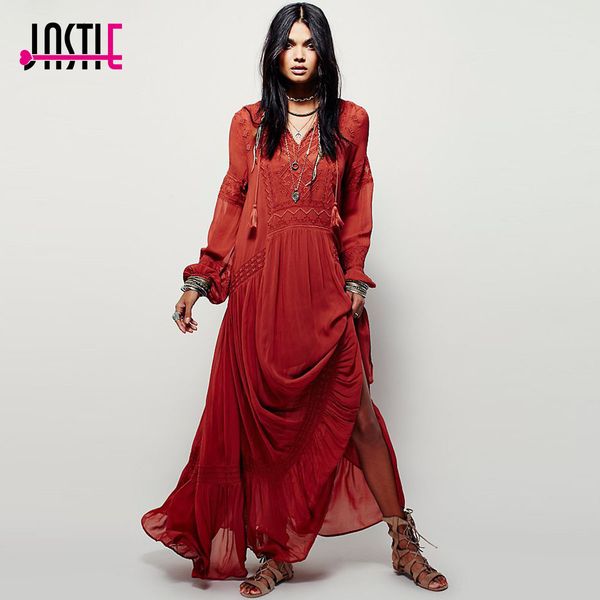 

dresses women es elegant ladies vintage long sleeve embroideried orange red maxi vestidos femininos boho style hswp, Black;gray