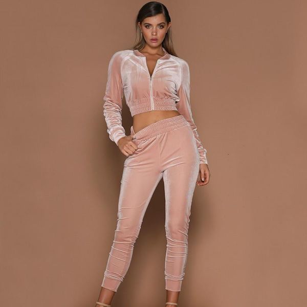 

women sporting velour suit set zipper waist slim coats + casual sweat pants two pieces gyms tracksuits outfits women's piece, White