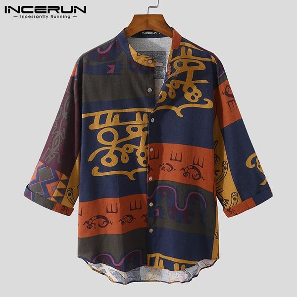 

men's casual shirts incerun vintage men shirt cotton printed 3/4 sleeve streetwear stand collar leisure retro 2021 camisas hombre 3xl, White;black