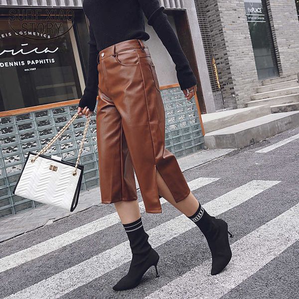 

autumn winter british style pu leather pants women waist split cropped trousers casual straight pants locomotive overalls 12547 210528, Black;white