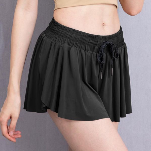 

yoga outfit chiffon shorts running cycling elastic waist quick dry fake two piece breathable athletic female fitness gym sport