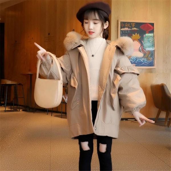 

down coat winter fashion kids thick warm long cotton jackets girl big fur hooded thin sleeve outerwear children clothes outwear, Blue;gray