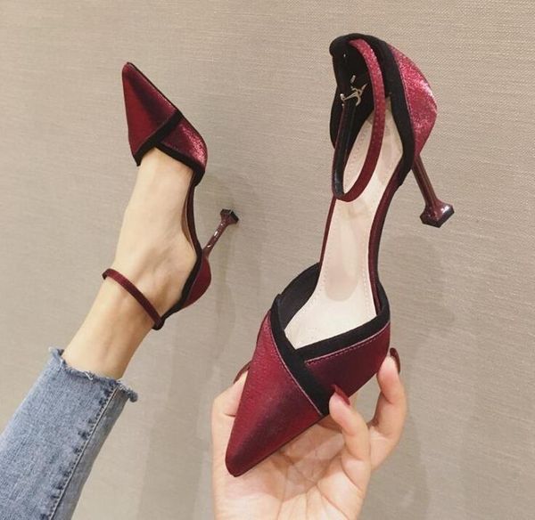 

dress shoes style stiletto high-heeled silk color matching straight button pointed women's sandals single, Black