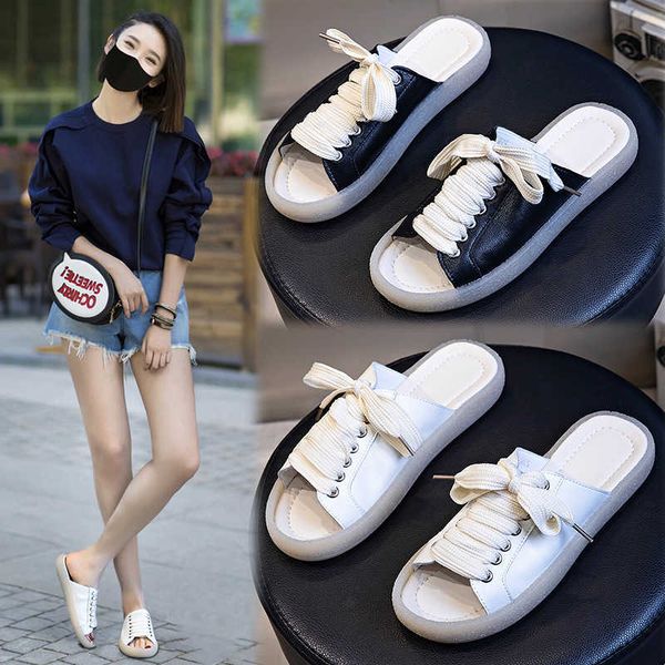 

leather slippers for women's wear 2021 summer fashion, leisure, breathable, versatile flat bottom sandals women, Black