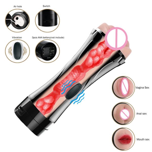 Real Pussy Pocket Bocca anale Masturbatore maschile Tazza Vibratore Bambole del sesso Giocattoli per uomini Tasca artificiale della vagina Giocattoli per adulti Prodotti X0320