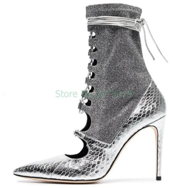 

sandals black grey silver mesh snakeskin pattern strap summer ankle boots holllow shoes punk gladiator stiletto high heels