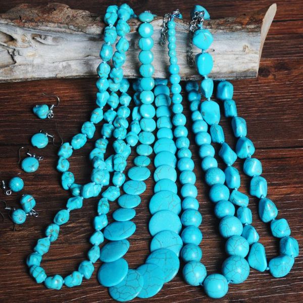 

earrings & necklace women retro turquoise jewelry set bohemia handmade beaded with drop, Silver