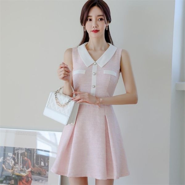 Elegante rosa süße Puppe Kragen Hit Farbe dünne Tweed Minikleid Korea Sommer ärmellose schlanke Taille A-Linie Party Vestidos 210519