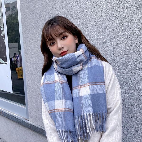 

scarves korean version of japanese plaid student imitation cashmere scarf female autumn and winter england shawl, Blue;gray