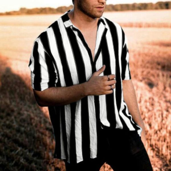 

men's casual shirts fashion stripe shirt mens ethnic short sleeve cotton linen printing hawaiian tie-dye loose blouse for men, White;black