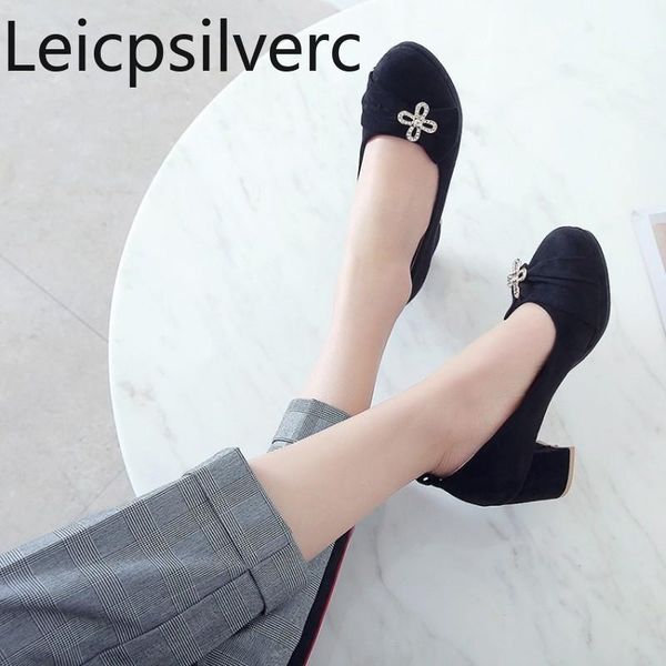 

dress shoes pumps spring and autumn the fashion flock round head buckle butterfly knot crystal mid heel women's plus size 34-43, Black