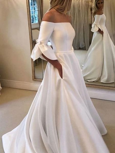 

elegant ball gown wedding dresses custom made 2019 off shoulder satin court train bridal gowns buttons back plus size wedding dress cheap, White