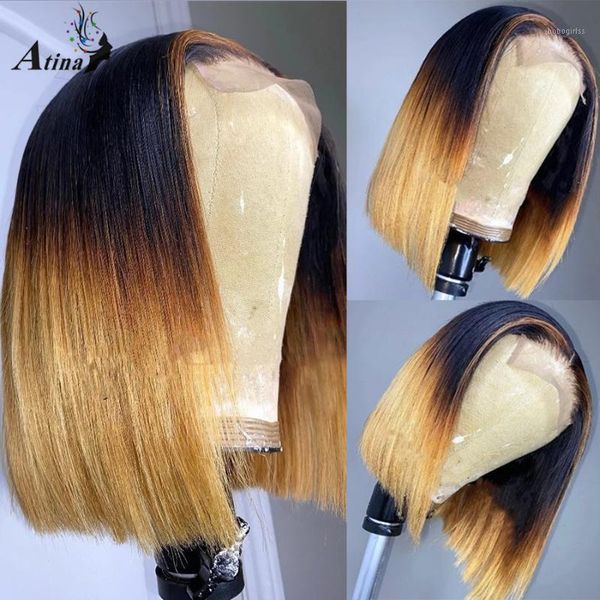 

4Ã4 short straight bob human hair wig pre plucked bleach knots remy ombre colored hd transparent lace frontal closure 1801, Black;brown