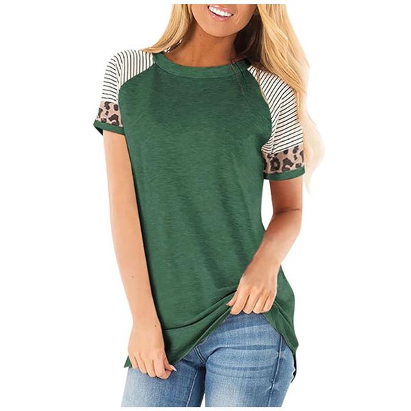 

women's t-shirt 2021 spring summer patchwork short t-shirts women leopard striped tees plus size round neck shirt sleeve, White