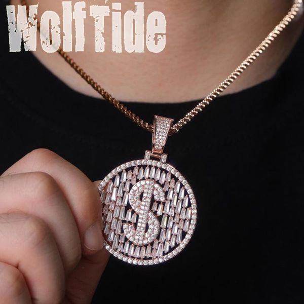 

pendant necklaces full out disc us dollar sign round medal necklace baguette cubic zircon hop jewelry men women party kalung collar, Silver