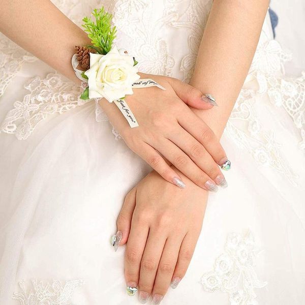 Dekorative Blumenkränze, Campsis-Hochzeit, Wriat-Blume und Ansteckblume, Boutonniere-Set, Rose, Handarmband, Knopfloch (weiß)
