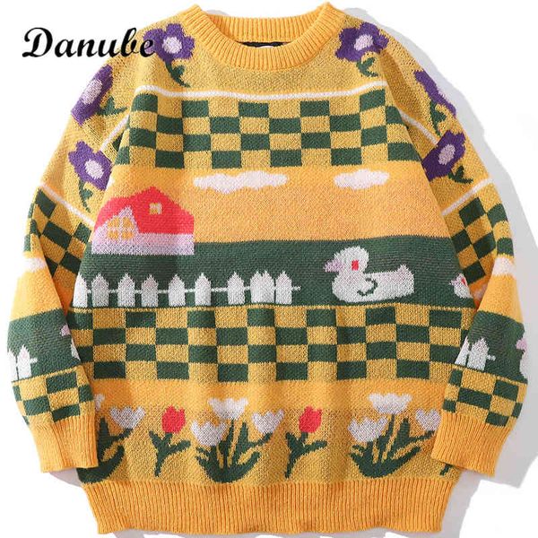 

vintage flowers argyle sweater women harajuku oversized pullovers korean o-neck long sv female warm jumper couple cloth, Black