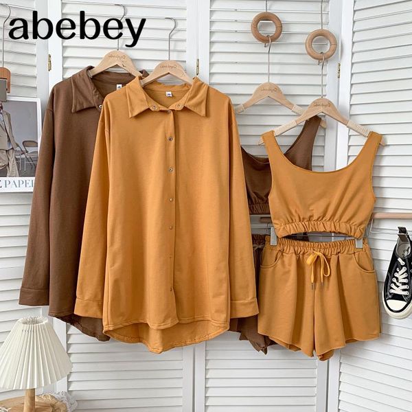 

women's tracksuits fashion turn down collar long sleeve loose + elastic waist wide leg shorts with vest 3-piece set 2021 spring autumn, Gray