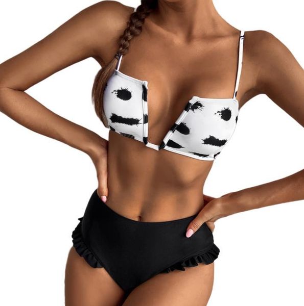 

women's swimwear women split swimsuit set spot print backless deep v-neck bikini + elastic waist panties for summer, White;black