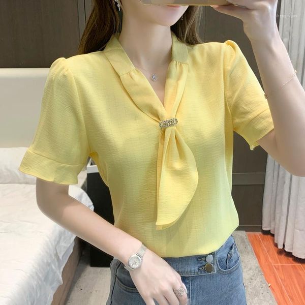 

women's blouses & shirts chiffon slim casual blouse fashion short sleeve solid color bow tie pullover shirt summer blusas 30035, White