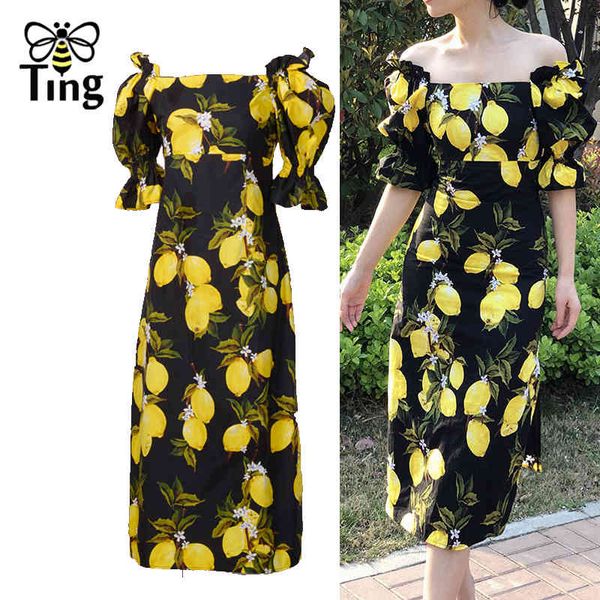 

summer designer lemon & flower print vintage lady dress retro square neck street fashion midi stright frocks women 210513, Black;gray