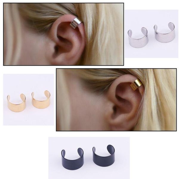 

clip-on & screw back 2pcs/lot stainless steel smooth wide no piercing cartilage cuff upper ear wrap earring non pierced fake conch, Silver