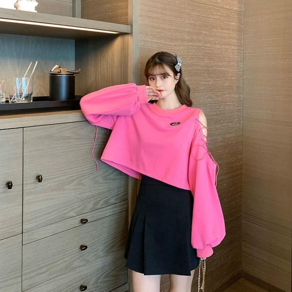 

women's hoodies & sweatshirts off-shoulder hole lace-up fashion kpop loose short long-sleeved women pullover harajuku streetwear crop t, Black
