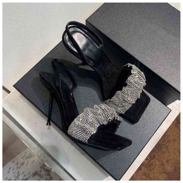 

sandals women 2021 slippers designer 4.5/9cm high heels black summer pumps shoes for ladies luxury rhinestone fashion back strap