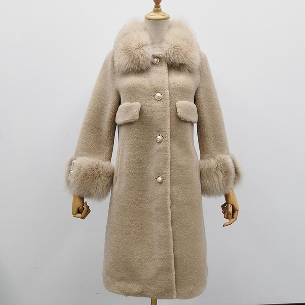 

women's fur & faux shearling coat with collar women long korea style sheep jacket winter msj-sc-01, Black